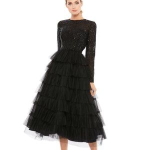 MAC DUGGAL 26299 SEQUIN BODICE LONG SLEEVE RUFFLE TIERED BLACK MIDI DRESS sz 12